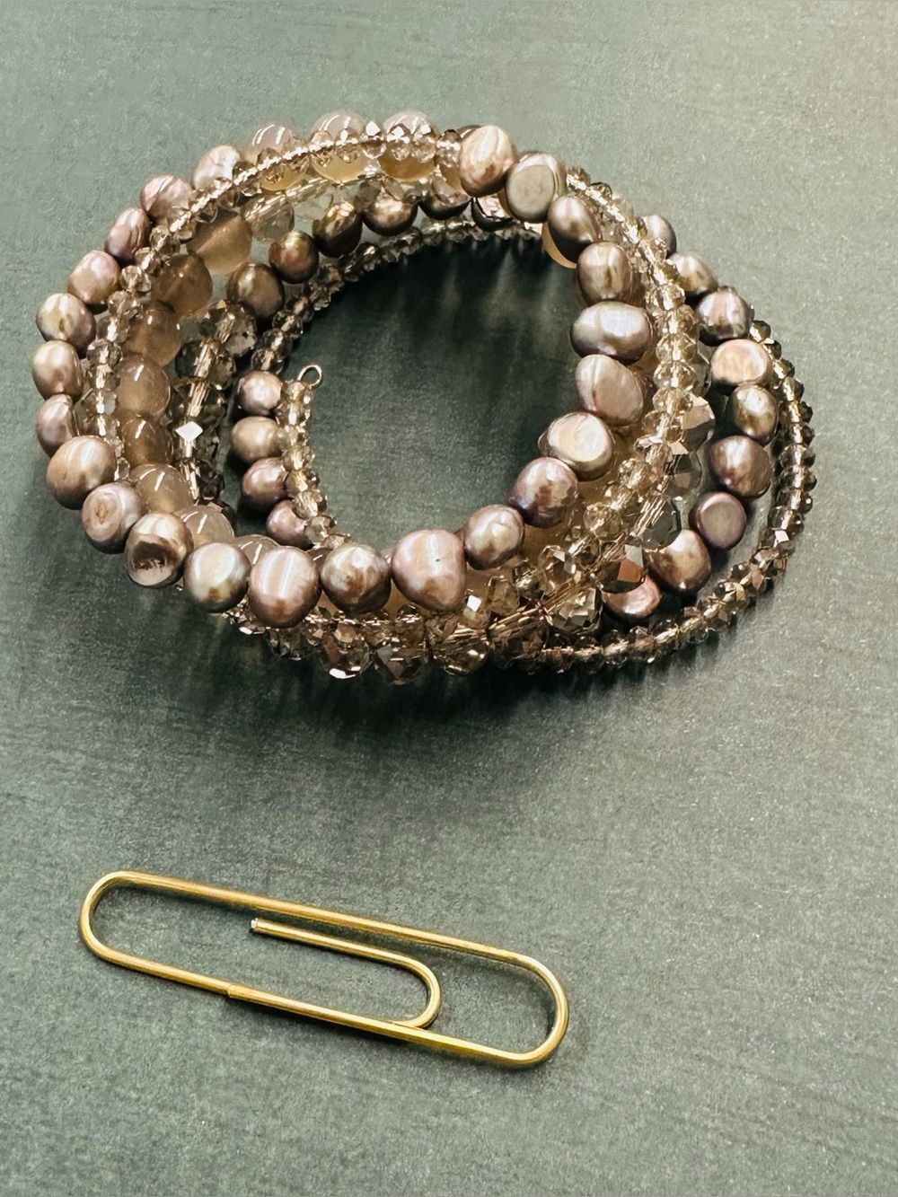 Silver Genuine Pearl Glass Bead Memory Wire Bracelet B10